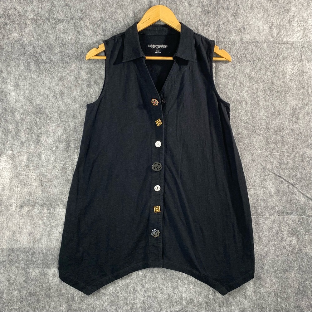 Soft Surroundings Womens Black Sleevless Button Down Dress Blouse Size S‎